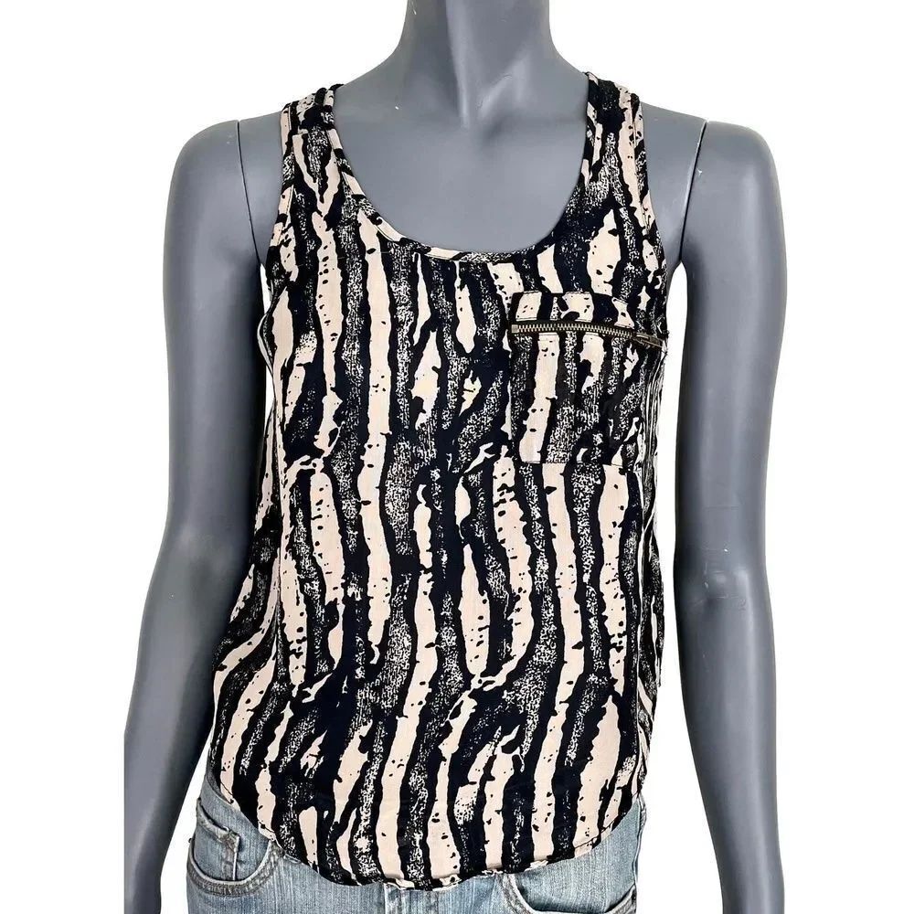 Topshop Womens Tank Top Black Beige Print Sheer Scoop Neck Pullover Pocket 2
